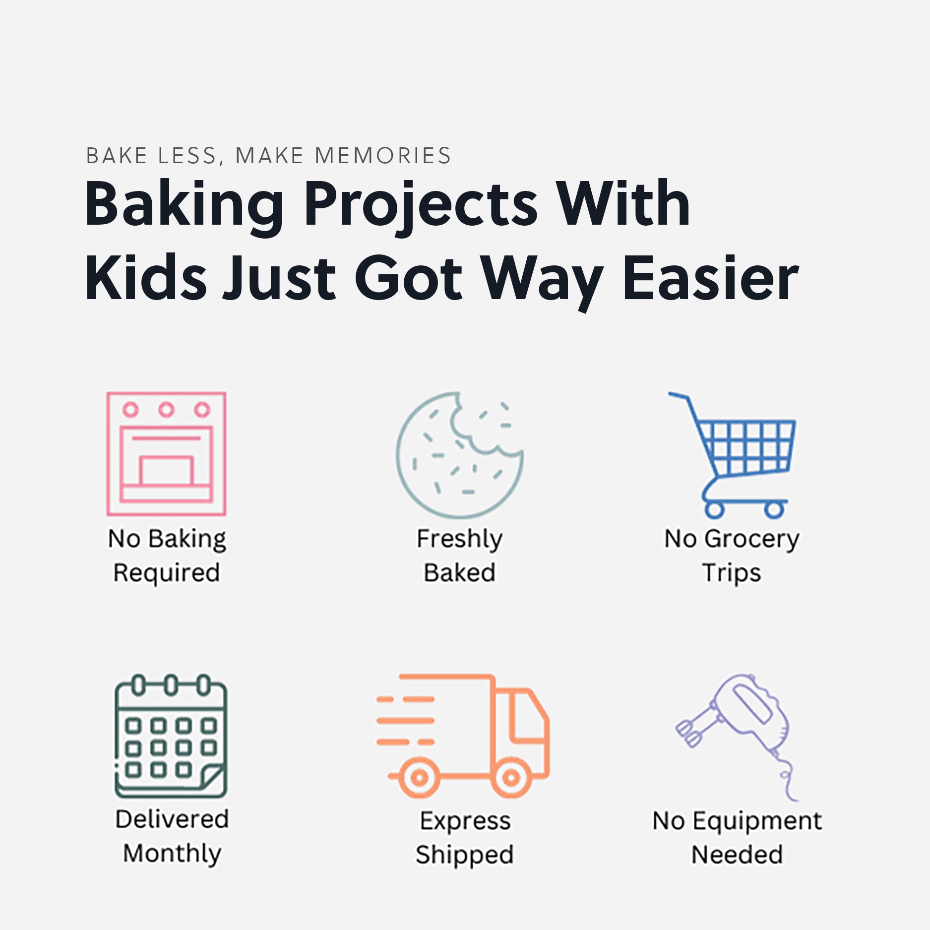 Baking projects with kids just got way easier. Our kits are freshly baked, no baking requires, no grocery trips required, no extra ingredients required, delivered monthly, express shipped, and no baking equipment needed.